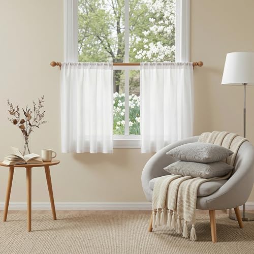 White Curtains 24 Inch Long for Kitchen (34"W x 24"L (Pack of 2) / Pure White)