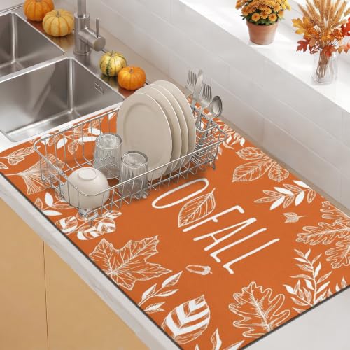 Fall Dish Drying Mat Autumn Decor Kitchen Countertop (Orange 3 / 31.5" x 17")