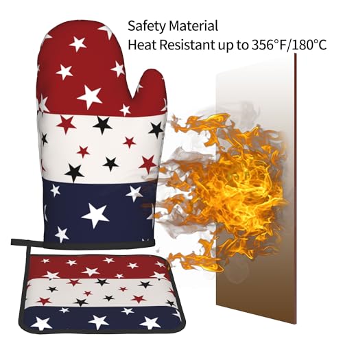 Red White and Blue Oven Mitts and Pot Holders Sets Patriotic American Flag StripedKitchen Mitts 4th of July Hot Pads for Cooking BBQ Baking Grilling (Red White Blue Stars Striped Flag)