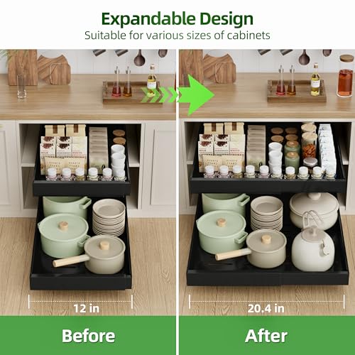 2 Pack Expandable Pull Out Cabinet Organizer (21"D X 12-20"W (2 Pack) / Black)
