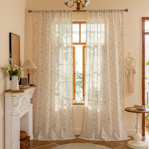 Pink Floral Linen Semi Sheer Farmhouse Curtains 96 Inches Long 2 Panels Set for Living Room Patterned Boho Flower Drapes Girls Bedroom with Tassels Back Tab Window Treatments (Pink / 50"W x 96"L (Pack of 2))