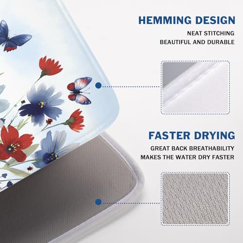 4th of July Dish Drying Mat for Kitchen Counter 18 x 24 Inch Patriotic Floral Dish Drainer Mat Absorbent Microfiber Independece Day Dish Rack Pad for Coffee Dining Bar Decor (Blue Red / 18" x 24")