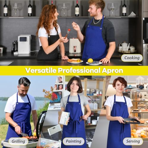 Stripe Stretch Apron Chef Aprons for Men with 2 Pockets Waterproof (Royal Blue)