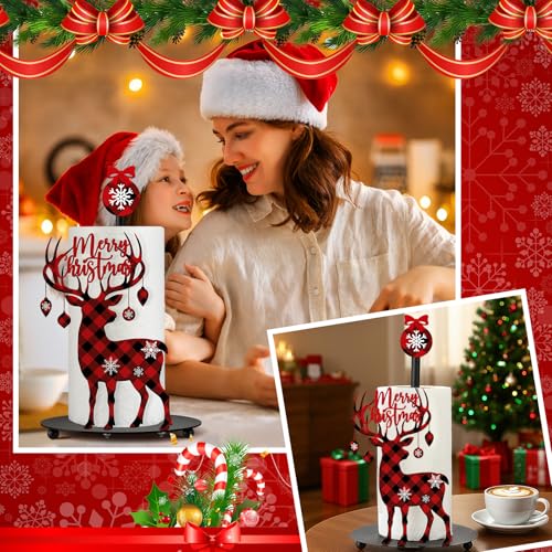 Christmas Paper Towel Holder Reindeer Buffalo Plaid Countertop (Reindeer)