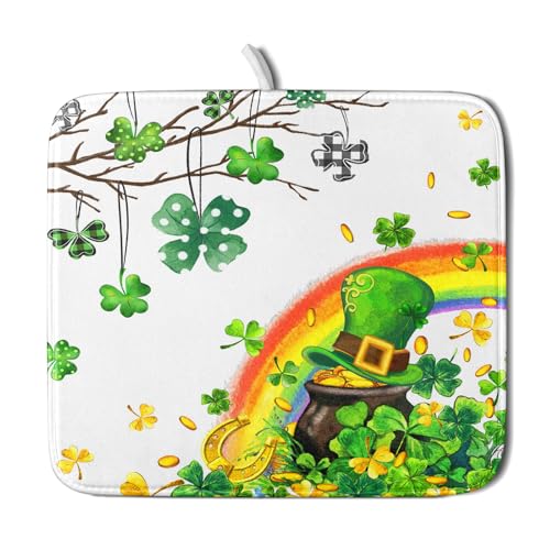St Patrick Dish Drying Mat Small Lucky Clover Tree Shamrock Dish Drainer Mats 16x18inch Spring Elf Hat Rainbow Colorful Fast Drying Absorbent Dish Drying Pad for Kitchen Counter Decor (18" x 16")
