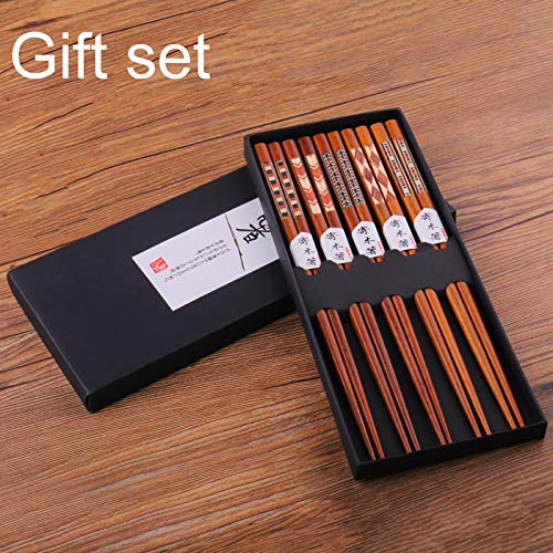 Reusable Chopsticks Japanese Natural Wooden 5 Pairs Classic Style Lightweight Safe Chop Sticks 8.8 Inch (Brown)