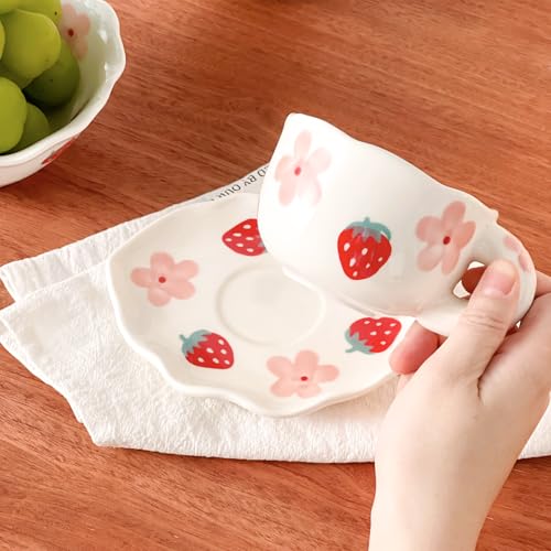 Coffee Mug with Saucer Ceramic TeaCup Unique Coffee Mugs for Women (Strawberry S)