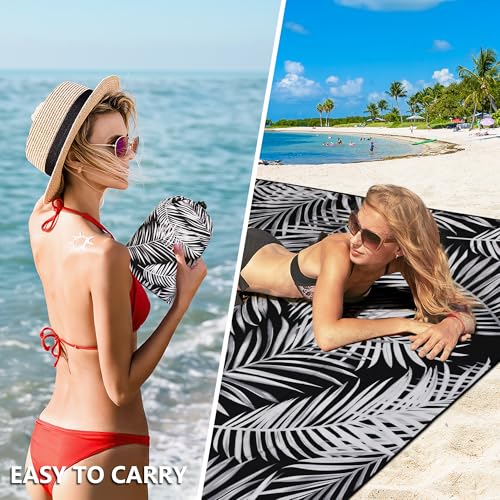 Waterproof Sandproof Beach Blanket Mat for 1 (79" X 83"（1~3 person） / Leaves - Black Base With White Foliage)