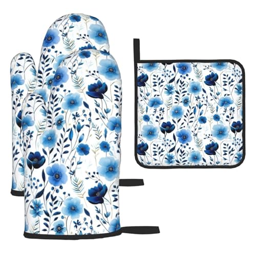 Blue Floral Oven Mitts and Pot Holders Sets of 3 (Blue-floral)