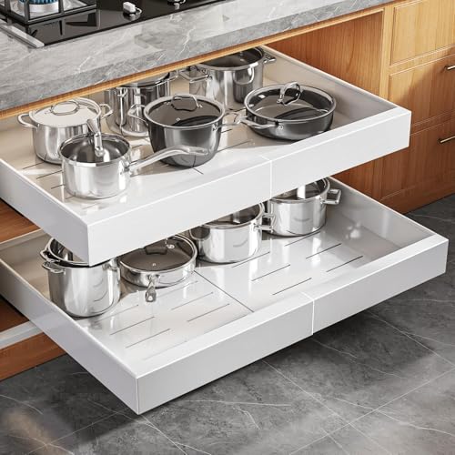 2 Pack Expandable Pull Out Cabinet Organizer 21"Deep With Raising Pad for Framed Cabinets (White / 21"D x 15.15"-26.3"W(2Pack))