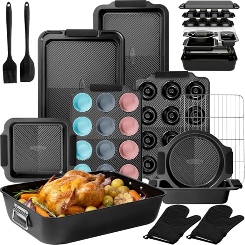 25 Piece Nonstick Baking Pans Set with Large Turkey Roasting Pan (Black)
