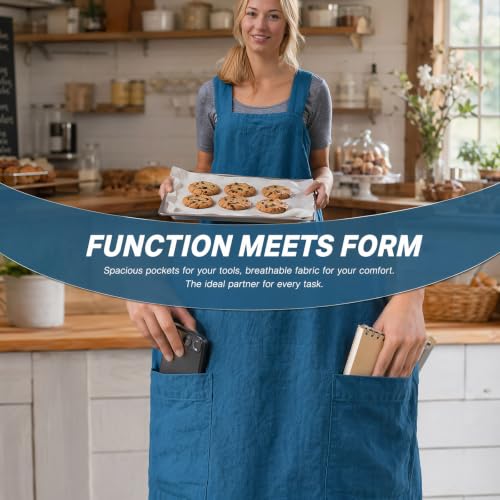 Cross Back Linen Cotton Apron with Pockets (Medium / Denim Blue)