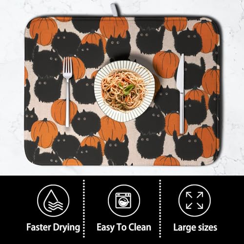 Happy Halloween Dish Drying Mat for Kitchen Counter 16x18 Inch Cute Pumpkin Black Cat Trick or Treat Drying Mats Large Microfiber Absorbent Dish Rack Pad for Coffee Bar Sinks Home Accessories (Halloween Cat / 16" x 18")