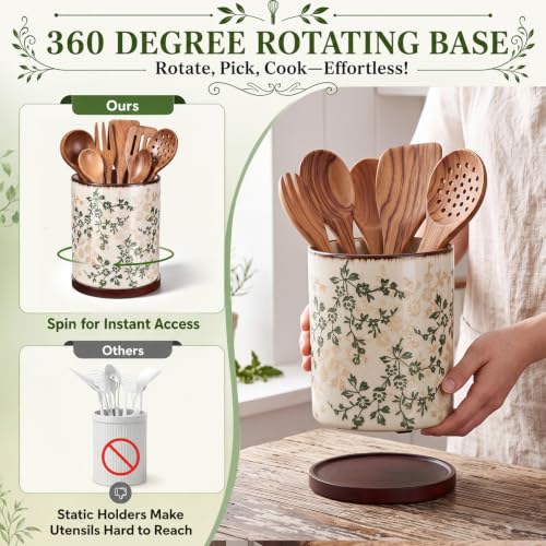 Rustic Rotating Ceramic Utensil Holder Brown Green Floral 6.9" (Brown Green Floral / 6.9" / Rustic Rotating)
