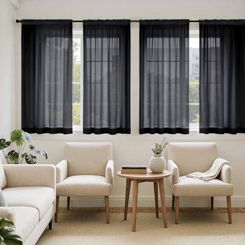 Black Short Sheer Curtains 54 Inches Long 4 Panels 42 x 54 Inches (42"W x 54"L (Pack of 4) / Black)