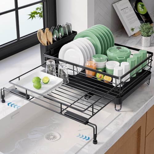 Adjustable Dish Drying Rack (Black / 15.6''-25.2''L × 16.9''W × 8.1''H)