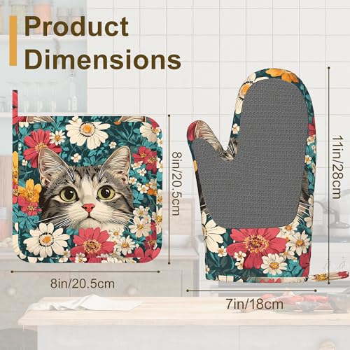 Cute Cat Oven Mitts and Pot Holders Set of 4 (Cute Cat Blooming Colorful Flowers)