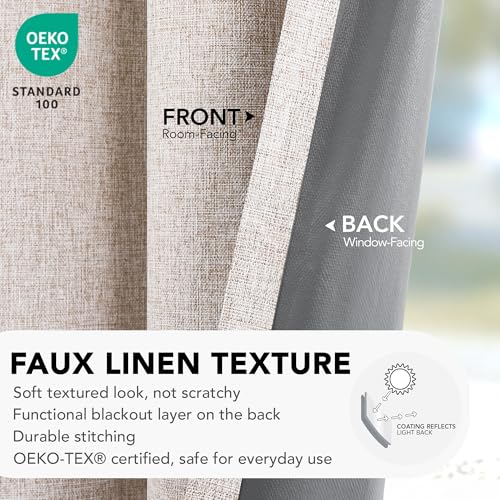 100% Blackout Linen Curtains for Living Room Bedroom 63 Inch Long (Flaxen/Linen 100% Blackout / 52"W x 54"L (Pack of 2))