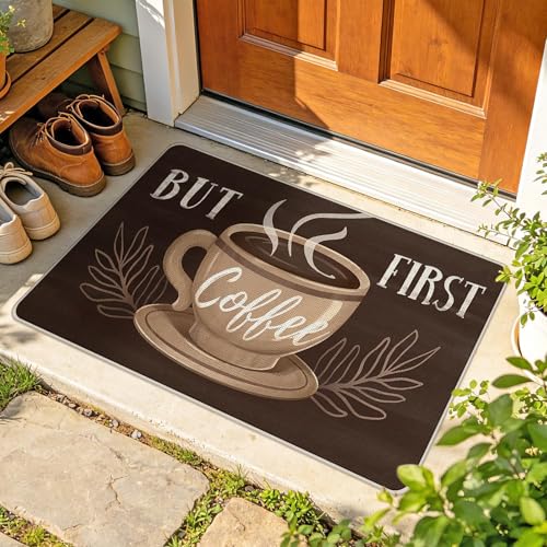 But First Coffee Themed Decorative Front Door Mat (1'5" x 2'5" (Rectangular) / Coffee)