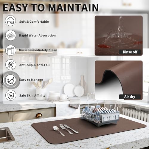 Dish Drying Mat for Kitchen Counter (Brown / 16" x 20")