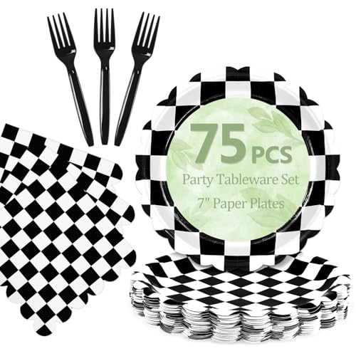 75 Pcs Black Checkered Paper Plates and Napkins&Forks for Party (Black Checkered 75 Plates Set / 7-inch Set)
