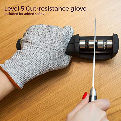 4-in-1 Kitchen Knife Accessories: 3-Stage Knife Sharpener Helps Repair, Restore, Polish Blades and Cut-Resistant Glove (Black) (Black)