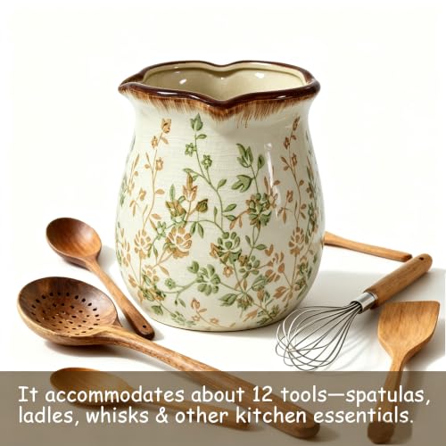 Rustic Ceramic Utensil Holder (green rattan 1)