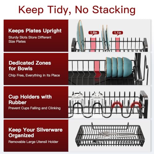 2 Tier Black Stainless Steel Dish Drying Rack for Kitchen Counter (Black / 12.4" D x 17.1" W x 14.2" H)