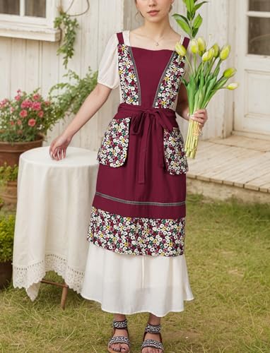Kitchen Aprons for Women with Pockets Cute Floral Chef Pinafore Apron for Gardening Cooking Baking Painting (Burgundy)