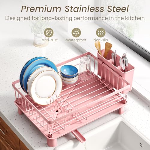 Dish Drying Rack for Small Kitchen Counter (Pink / 11" W x 15" L)