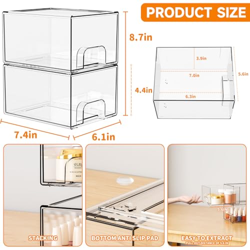 2 Pack Clear Stackable Storage Drawers (2 PCS / Clear-4.4 In Tall)