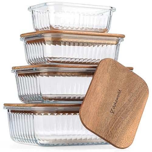 Ribbed Glass 4 Stackable Meal Prep Containers with Acacia Lids (Charcoal Brown)