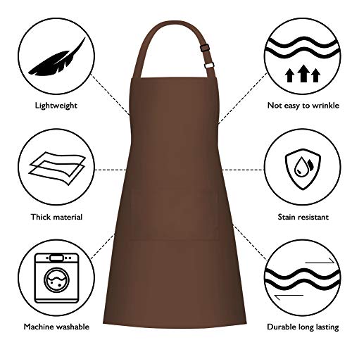 2 Pack Bib Aprons with 2 Pockets Cooking Chef Kitchen Apron for Women Men (Brown)