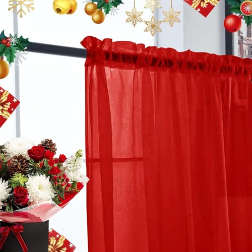 Basic Rod Pocket Sheer Voile Window Curtain Panels Red 1 Pair 2 Panels 26 Width 24 Inch Long for Kitchen Bedroom Children Living Room Yard（Red (Red / 26"W x 24"L (Pack of 2))