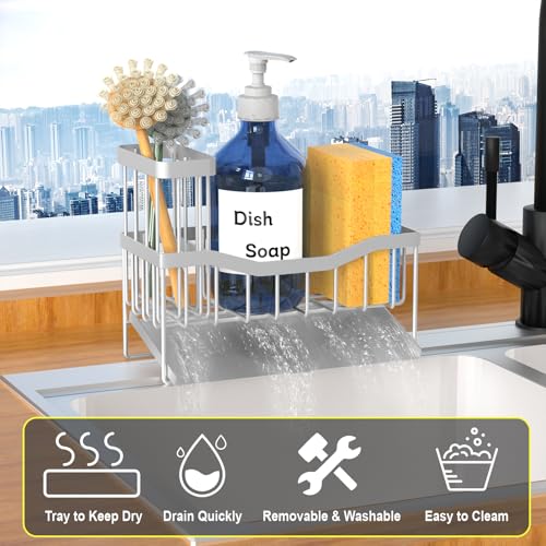 Maifan Sink Caddy Sponge Holder for Kitchen with Brush Holder and Stainless Steel Self Drain Tray (Lacquer Silver)