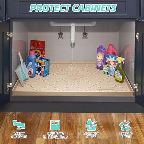 Waterproof Under Sink Mat Silicone 28" x 22" Kitchen Cabinet liner (Beige / 28"W x 22"L)