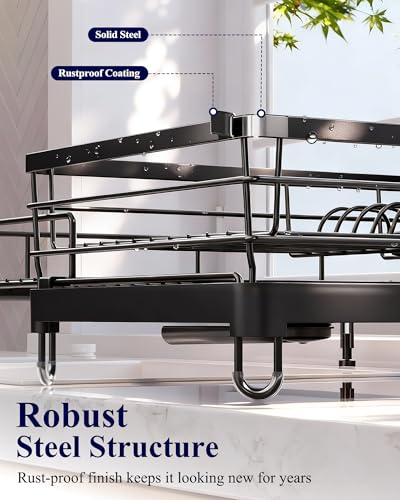 Adjustable Dish Drying Rack (Black / 15.6''-25.2''L × 16.9''W × 8.1''H)