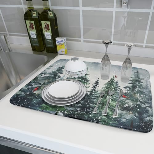 Winter Dish Drying Mat for Kitchen Counter Winter Pine Tree Dish Drying Mat 18x24 Inch Red Bird Christmas Dish Draining Mat Absorbent Reversible Dish Pad Kitchen Accessories Table Protector (Winter Pine Tree-Green / 18" x 24")