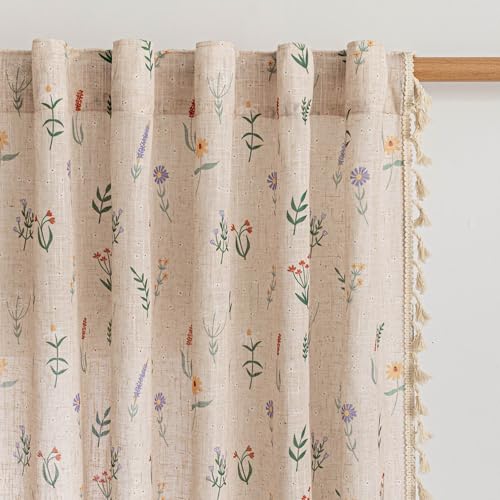 Floral Semi Sheer Curtains 63 Inch Length 2 Panels Linen Blend Spring Farmhouse Drapes with Tassel Back Tab for Girls Bedroom Nursery Vintage Rustic Flower Patterned (Flesh Pink / 50"W x 63"L (Pack of 2))