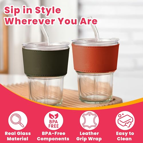 2 pcs Glass Tumbler with Straw and Lid 13 oz (2pcs Leather & Olive)