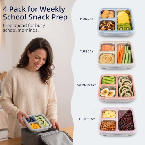 4 Pack 3 Compartment Stainless Steel Snack Containers with Lids for Kids