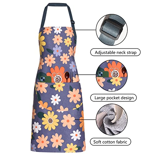 2 Pack Floral Apron for Women with Pockets (Blue/Flowers)