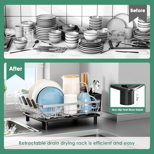 Stainless Steel Dish Drying Rack for Kitchen Counter (Black Silver / 13''W x 17''L)