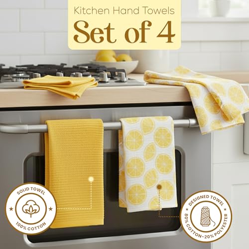 Kitchen Towels Set of 4 Premium Hand Towels 18 x 28 Inch Large Tea Towels for Drying & Decor (Yellow/White Citrus)
