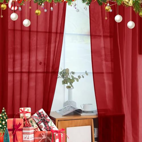 Solid Sheer Rod Pocket Curtain Voile Draperies 4 Panels White Beige Black Grey Ivory 52 Inch Width 72 Inch Long 1 Pair for Kitchen Bedroom Children Living Room Yard (Christmas Red / 52"W x 72"L (Pack of 4))