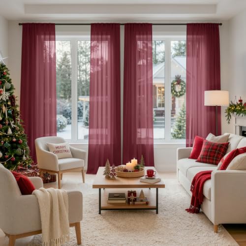 4 Panels Burgundy Christmas Sheer Curtains 42 x 96 Inches (42"W x 96"L (Pack of 4) / Burgundy)