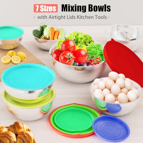 Stainless Steel Mixing Bowls Set with Lids & 3 Grater Attachments (Multicolor)