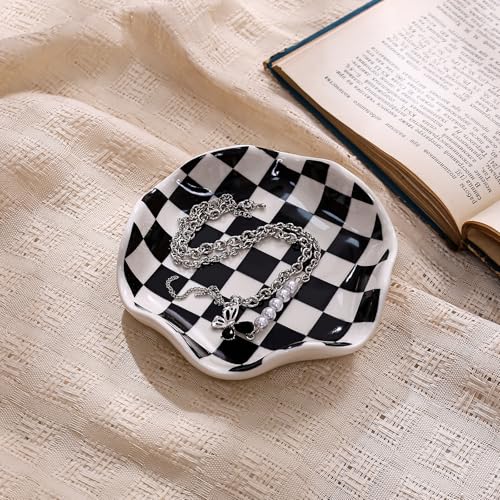 Black Checkerboard Ceramic Jewelry Tray (Black)