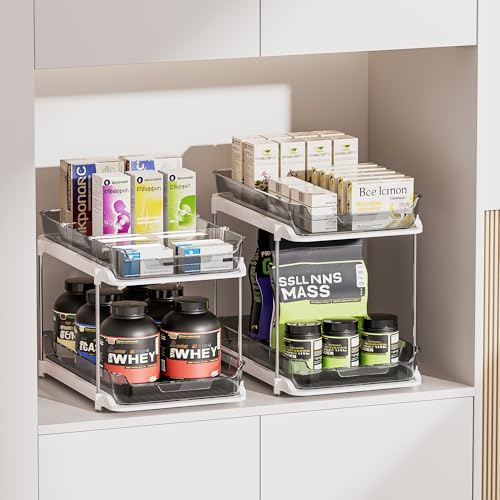 2-Tier Multi-Purpose Bathroom Under Sink Organizers and Storage, Stackable Kitchen Pantry Organization, Pull Out Medicine Cabinet Organizer with Movable Dividers, Grey, 2 Pack (Grey / 2 Pack)