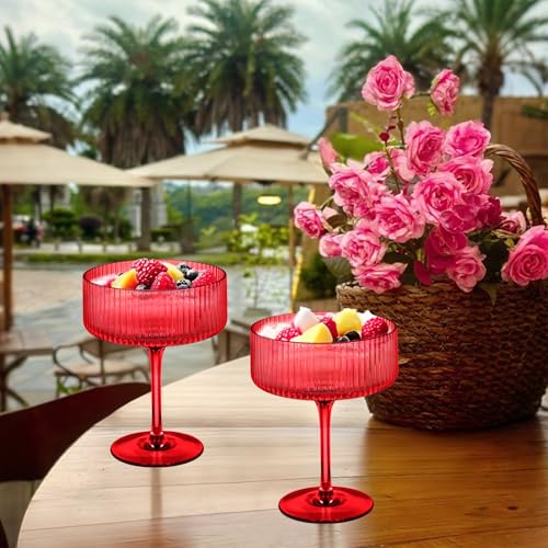 12 Pieces Martini Glasses 10.5oz Plasitc Ribbed Coupe Glasses Champagne Shatterproof Acrylic Vintage Cocktail Glassware Margarita Wine Glasses Disposable Cups for Parties Wedding Anniversary Bar Red (Red / 12 PCS)